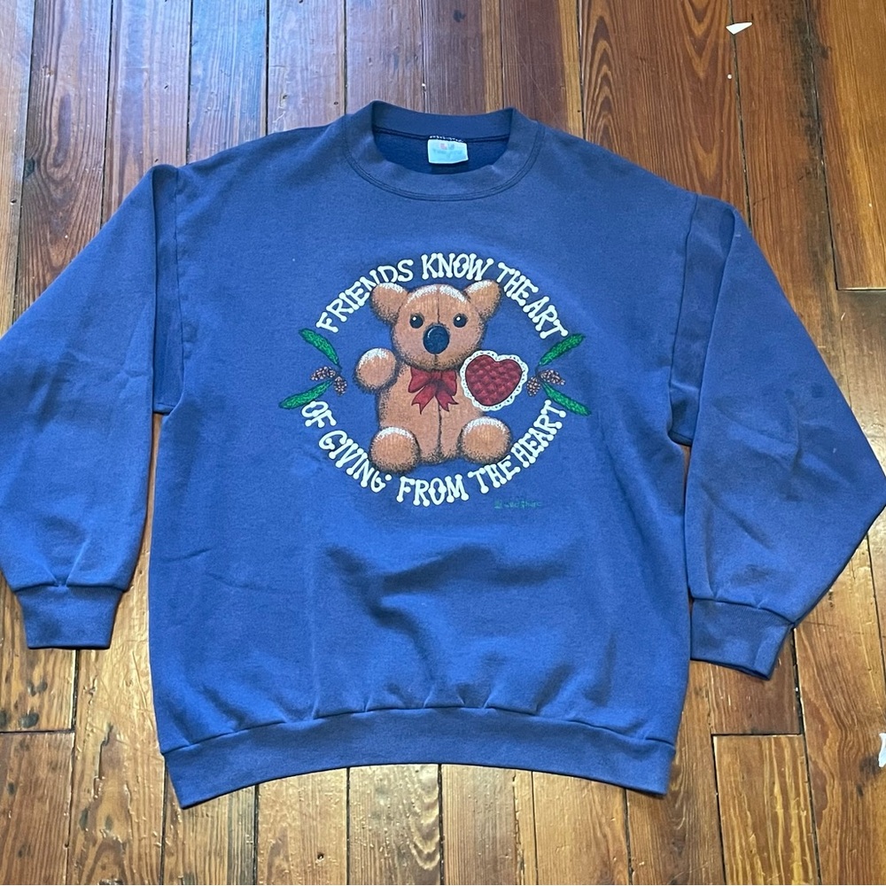 Vintage Blue Sweatshirt Bear and Heart Design 1993 Sz L
